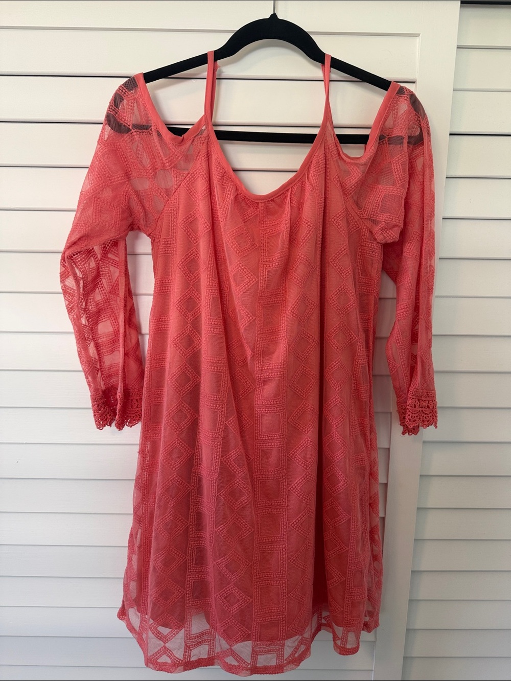 Xhilaration Coral Cold-Shoulder Three quarter Sleeve Lace Mini Dress